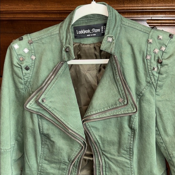 Army green military moto jacket grunge punk moto steampunk studs zippers est M/L - Picture 3 of 11